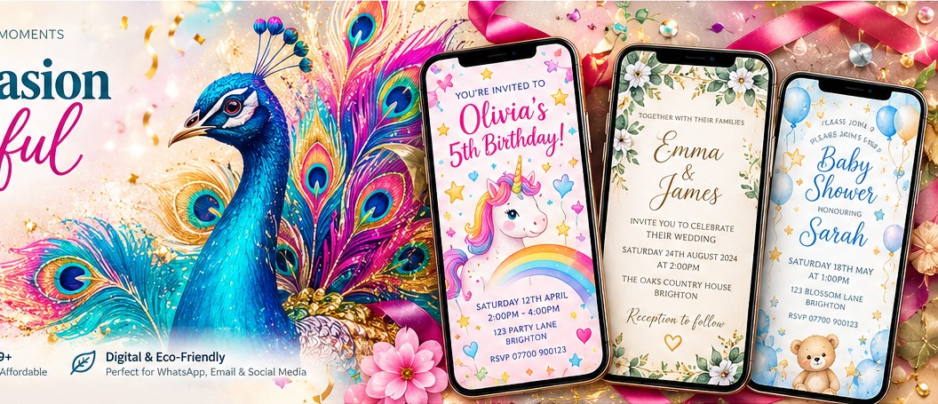 Peacock and colourful digital invitation examples